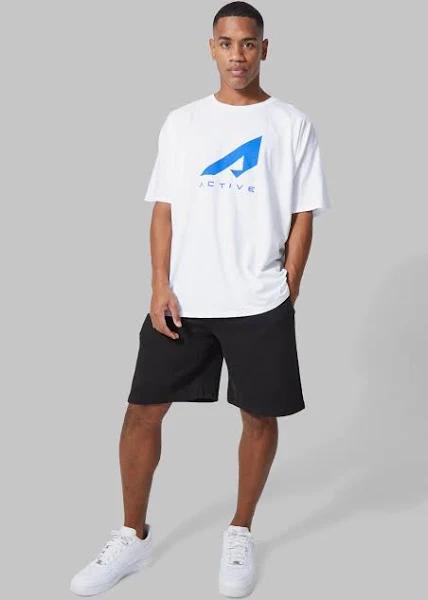 Mens White Active Chest Print Oversized Short Set
