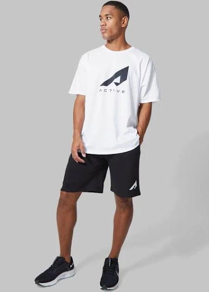 Mens White Active Chest Print Oversized Short Set