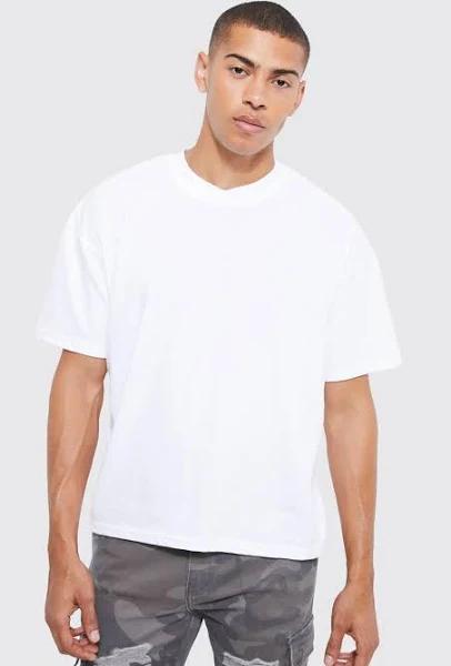 Mens White Boxy Fit Extended Neck T-Shirt