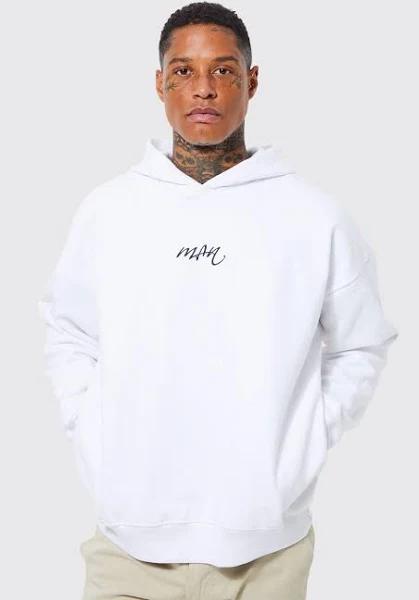 Mens White Man Script Oversized Heavyweight Hoodie