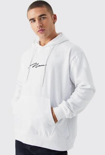 Mens White Man Signature Over The Head Hoodie