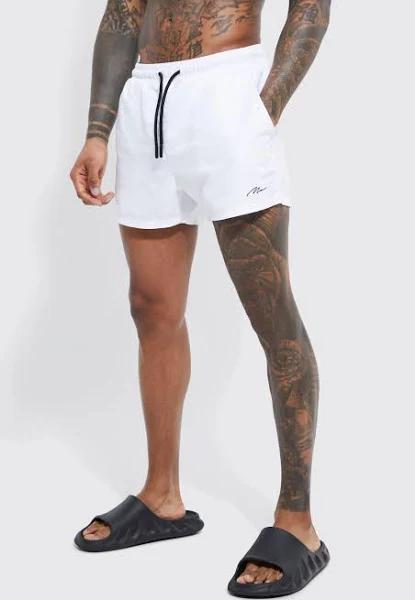 Mens White Man Signature Short Length Swim Shorts