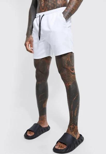 Mens White Mid Length Plain Swim Shorts