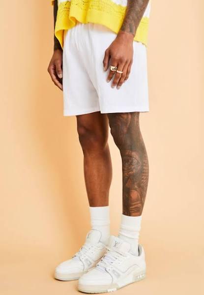 Mens White Mid Length Seersucker Swim Shorts