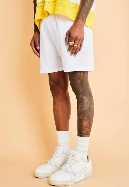 Mens White Mid Length Seersucker Swim Shorts