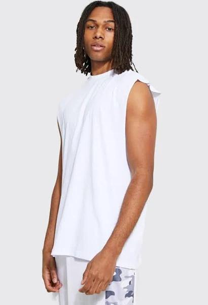 Mens White Oversized Extended Neck Drop Armhole Vest