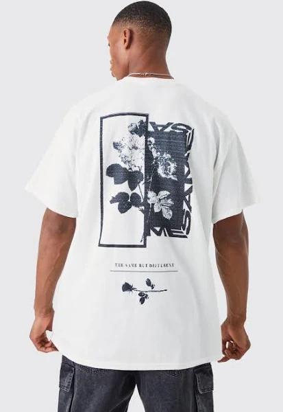 Mens White Oversized Floral Back Graphic T-Shirt