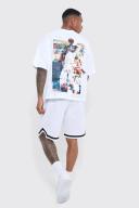 Mens White Oversized Graphic Basketball Short Set