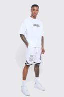 Mens White Oversized Graphic Basketball Short Set