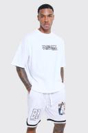 Mens White Oversized Graphic Basketball Short Set