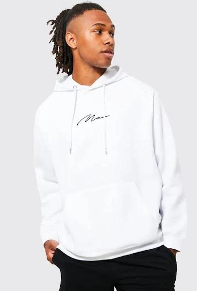Mens White Oversized Man Signature Over The Head Hoodie