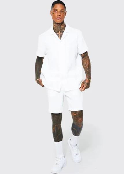 Mens White Oversized Short Sleeve Pleated Shirt and Short