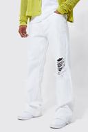 Mens White Relaxed Rigid Ripped Knee Flare Jeans