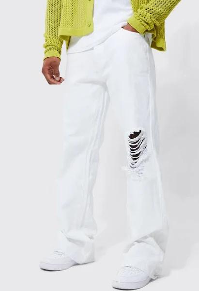 Mens White Relaxed Rigid Ripped Knee Flare Jeans