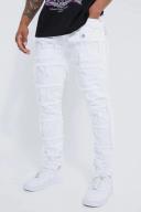 Mens White Skinny Stretch Frayed Panel Jeans With Zip