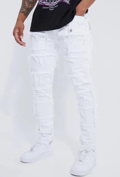 Mens White Skinny Stretch Frayed Panel Jeans With Zip