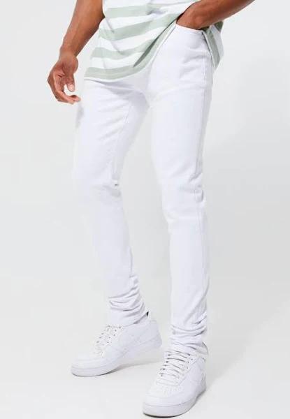 Mens White Skinny Stretch Stacked Zip Gusset Detail Jeans