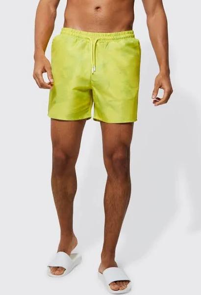 Mens Yellow Mid Length Graphic Swim Shorts