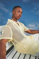 Mens Yellow Short Sleeve Boxy Open Weave Shirt