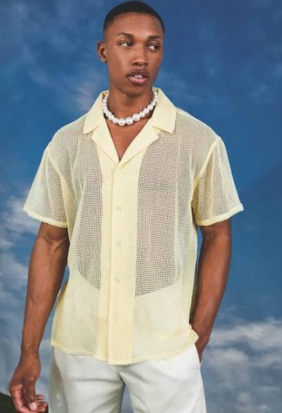 Mens Yellow Short Sleeve Boxy Open Weave Shirt