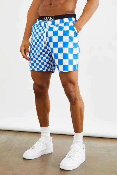 Mid Length Checkboard Waistband Swim Shorts