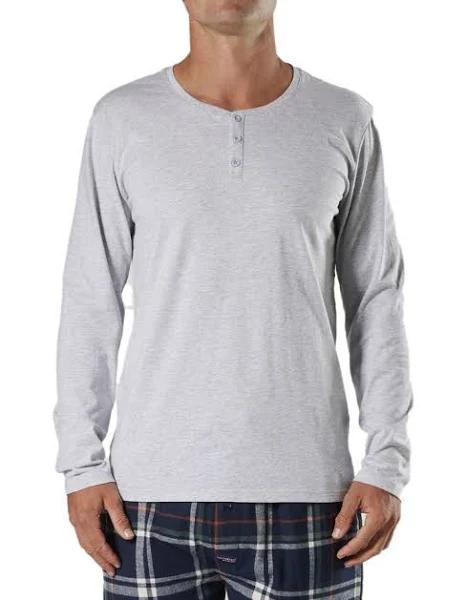 Mitch Dowd Henley Cotton Long Sleeve Sleep Tee in Grey Marle L