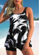 Modlily Black Graffiti Print Double Straps Tankini Top - S
