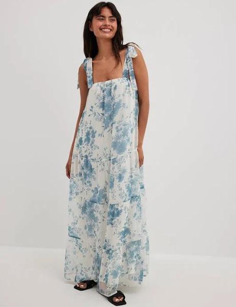 NA-KD x Julie Ferreri Tie Strap Tiered Midi Dress in Blue Floral Print