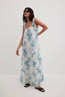 NA-KD x Julie Ferreri Tie Strap Tiered Midi Dress in Blue Floral Print