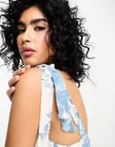NA-KD x Julie Ferreri Tie Strap Tiered Midi Dress in Blue Floral Print