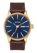Nixon Sentry Leather Watch - Polished Gold/Navy Sunray