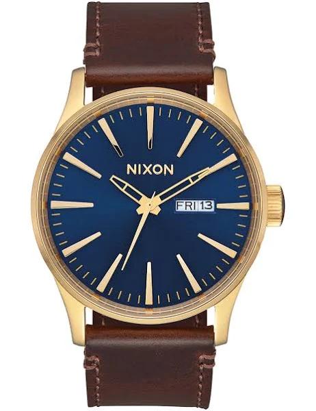 Nixon Sentry Leather Watch - Polished Gold/Navy Sunray