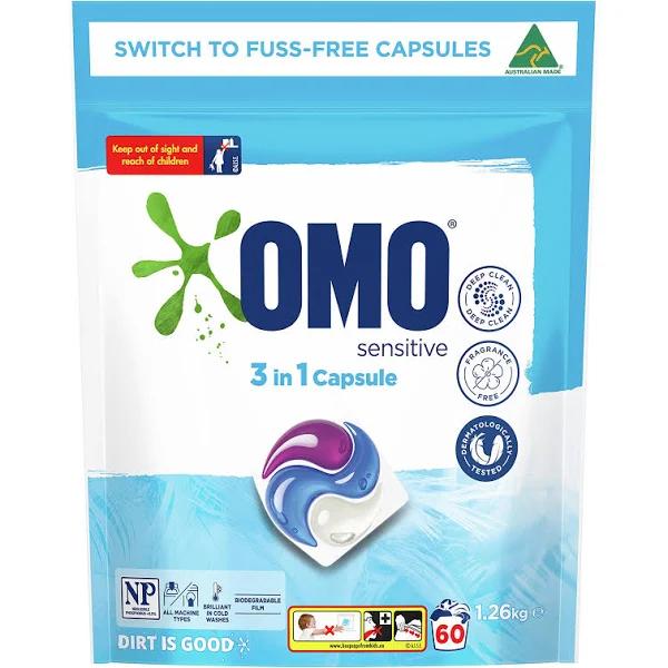 Omo Laundry Capsules 3 in 1 Sensitive, 60 Pack