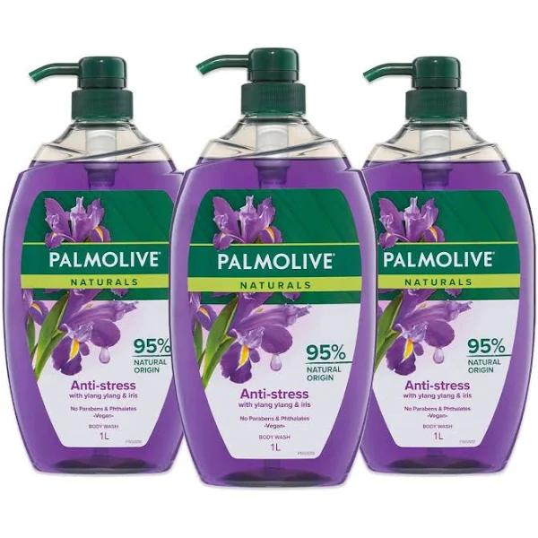 Palmolive Naturals Body Wash 3L (3x1L), Anti-stress With Ylang Ylang and Iris, Soap Free Shower Gel, No Parabens Phthalates or Alcohol