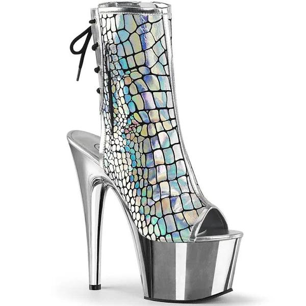 Pleaser ADORE-1018HG Silver Hologram Ostrich Pu Ankle Boot Size 9