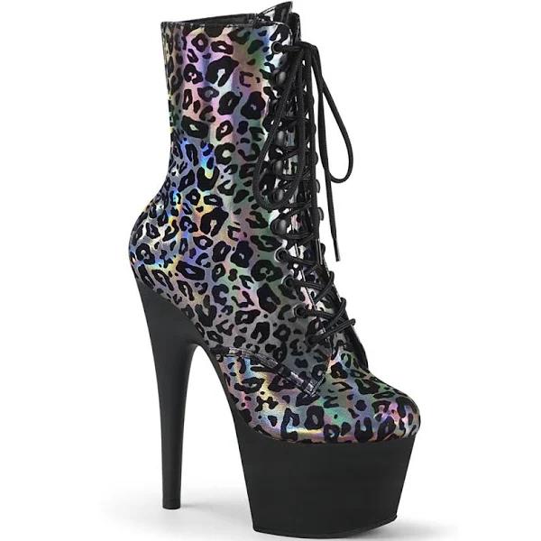 Pleaser ADORE-1020LP Pewter Leopard Print Holo Boot Size 8