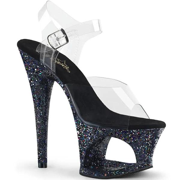 Pleaser ADORE-708LG Clear/Black Holo Glitter Platform Sandal Size 11