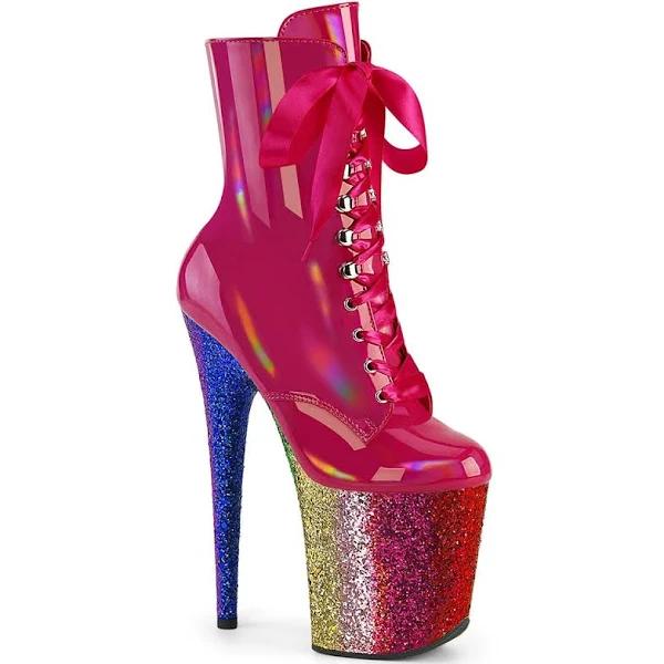 Pleaser FLAMINGO-1020HG Hot Pink Holo Patent/Rainbow Glitter Size 10