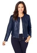 Plus Size Women's Collarless Leather Jacket by Jessica London in Navy (Size 24 W)