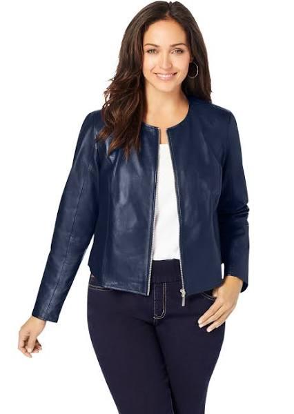 Plus Size Women's Collarless Leather Jacket by Jessica London in Navy (Size 24 W)