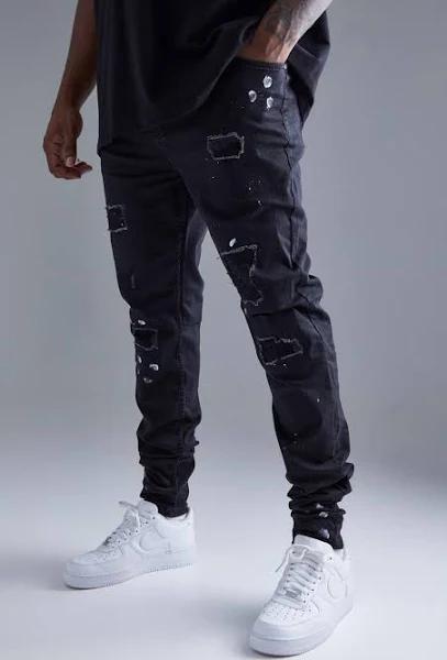 Plus Super Skinny Ripped Paint Splatter Jeans