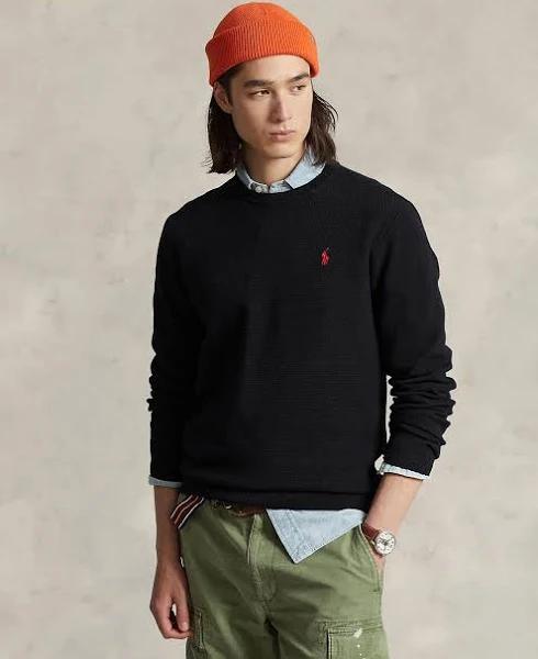 Polo Ralph Lauren - Men's Black Sweats - Textured-Knit Cotton Sweater - Size S at The Iconic