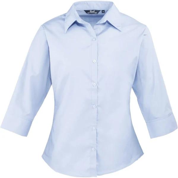 Premier 3/4 Sleeve Poplin Blouse / Plain Work Shirt Light Blue 26