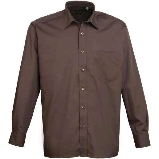 Premier Mens Long Sleeve Formal Plain Work Poplin Shirt Brown 16.5