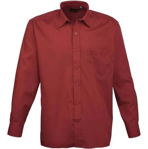 Premier Mens Long Sleeve Formal Plain Work Poplin Shirt Burgundy 18.5