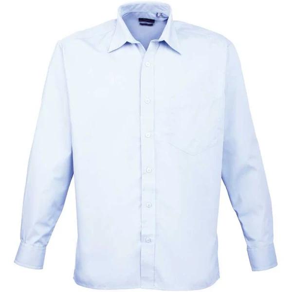 Premier Mens Long Sleeve Formal Plain Work Poplin Shirt Light Blue 16.5