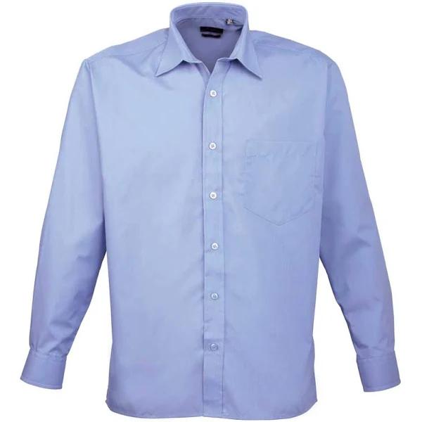 Premier Mens Long Sleeve Formal Plain Work Poplin Shirt Mid Blue 15