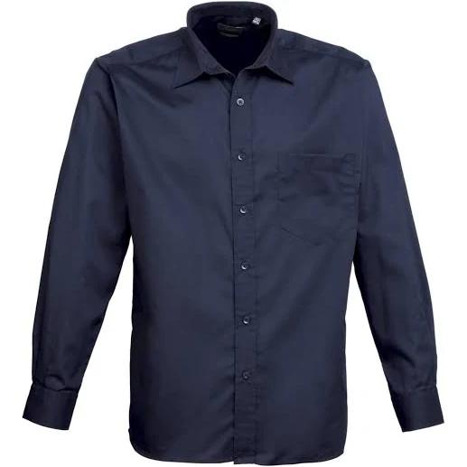 Premier Mens Long Sleeve Formal Plain Work Poplin Shirt Navy 15
