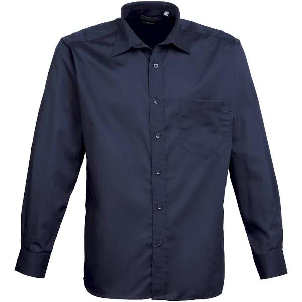 Premier Mens Long Sleeve Formal Plain Work Poplin Shirt Navy 18