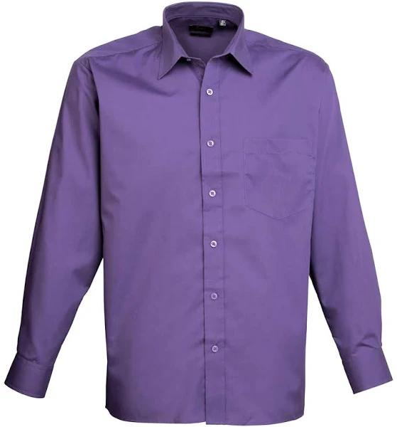 Premier Mens Long Sleeve Formal Plain Work Poplin Shirt Purple 18.5